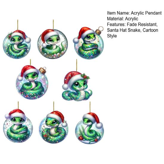 Hadí vánoční ozdoba Plochá 2D akrylová kreslená hadí přívěsek Slavnostní had se Santa čepicí