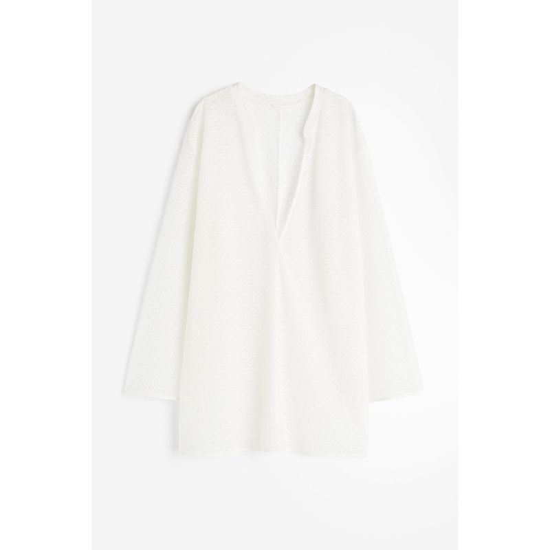 

HM Женское платье 2025 Лето Новинка Длинный рукав V-образный вырез Пляжный стиль Дышащее Вязаное Короткое платье Рубашка 1213847 White 155/80(XS)