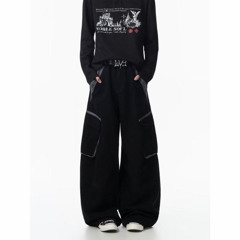 Vintage Washed Pleated Cargo Pants Loose Wide Leg Multi-Pocket Trousers Men Women