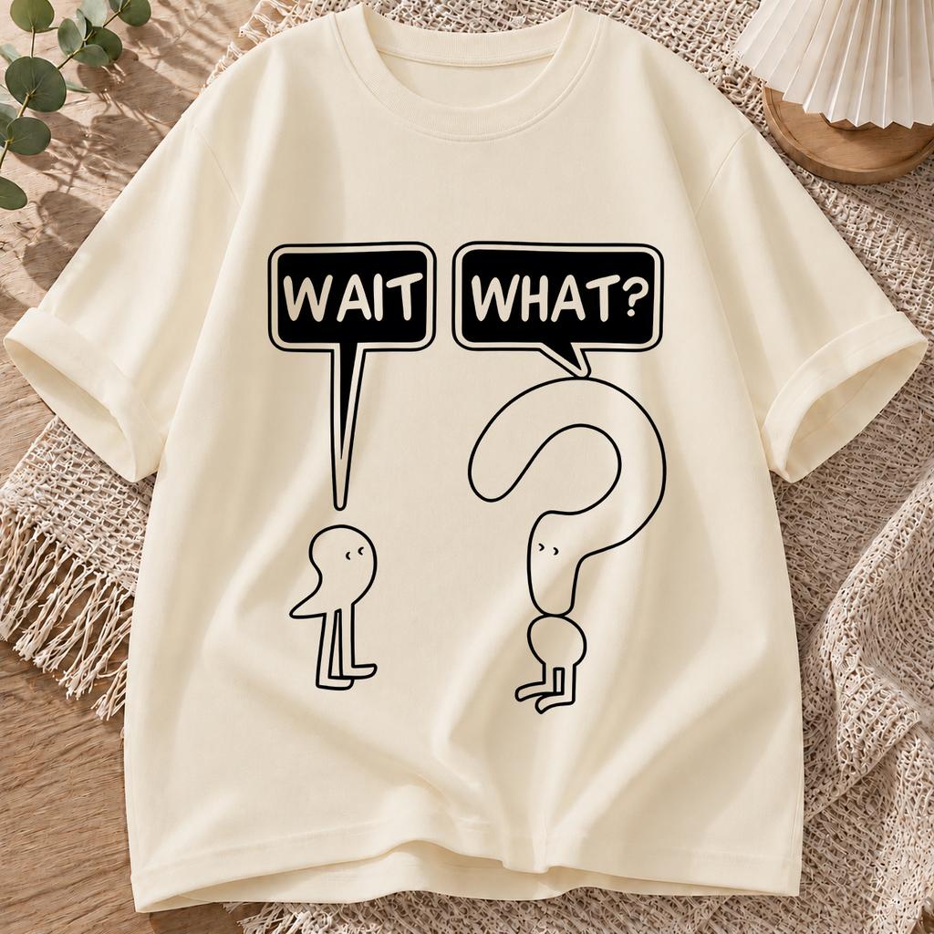 2026 New Pure Cotton Tshirt Wait What Funny Confused Cartoon Print Crew Neck Short Sleeve Casual Top