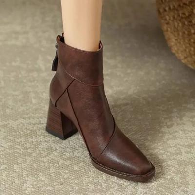 Fashion Retro Irregular Mid Heels Short Boots Womens Soft Leather Pointed Toe Side Zipper Chelsea Boot Autumn Winter