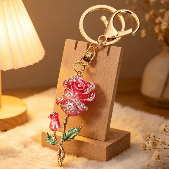 Keychain Pendant Rose Flower Shape Key Holder with Multicolor Rhinestones Anti-Oxidation Lobster Clasp Keyring Backpacks Car Accessory