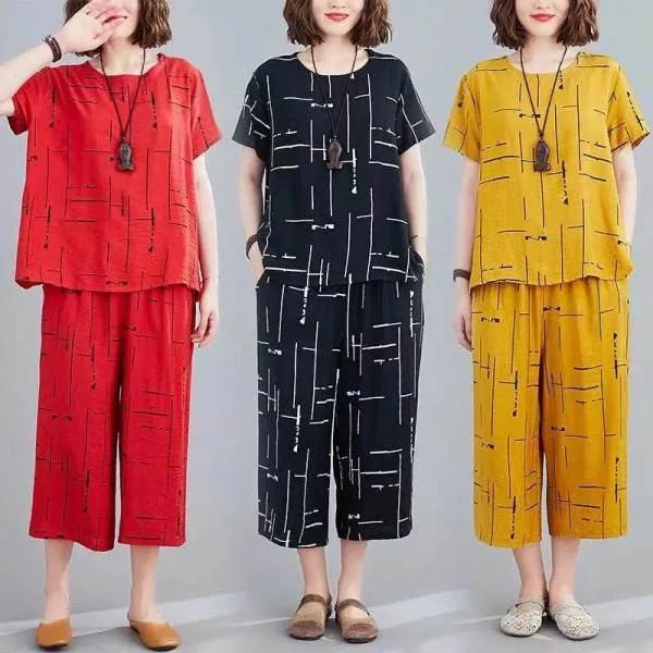 Fashionable Large-Size Loose-Fit Printed Suit Jacket And Shorts Two-Piece Set Casual Summer For Women Age-Reducing