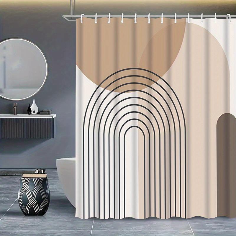 1 Simple Geometric Pattern Shower Curtain With Hooks - Beige, Brown And White Polyester Bathroom Divider, Machine Washable