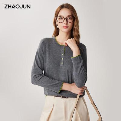 Zhaojun Women's Casual Rolled-Edge Half-Open Knit Wool Blend Sweater