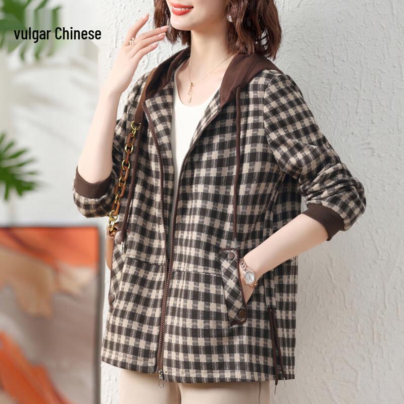 Elegant Plaid Hooded Short Jacket for Middle-Aged Women 2XL