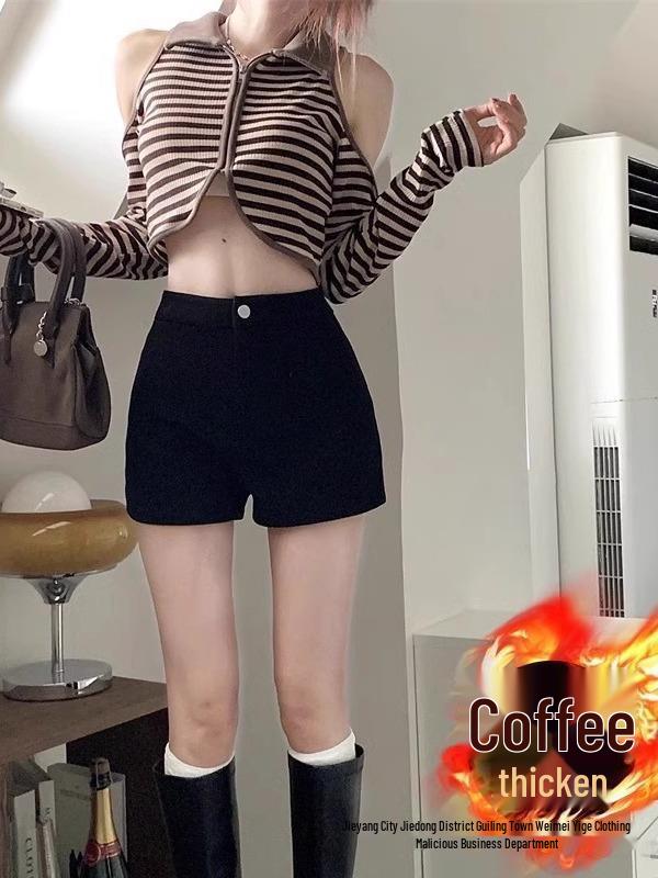 Sexy Korean-Style Black Elastic Shorts for Women with Fleece, Fashionable Spring Pants