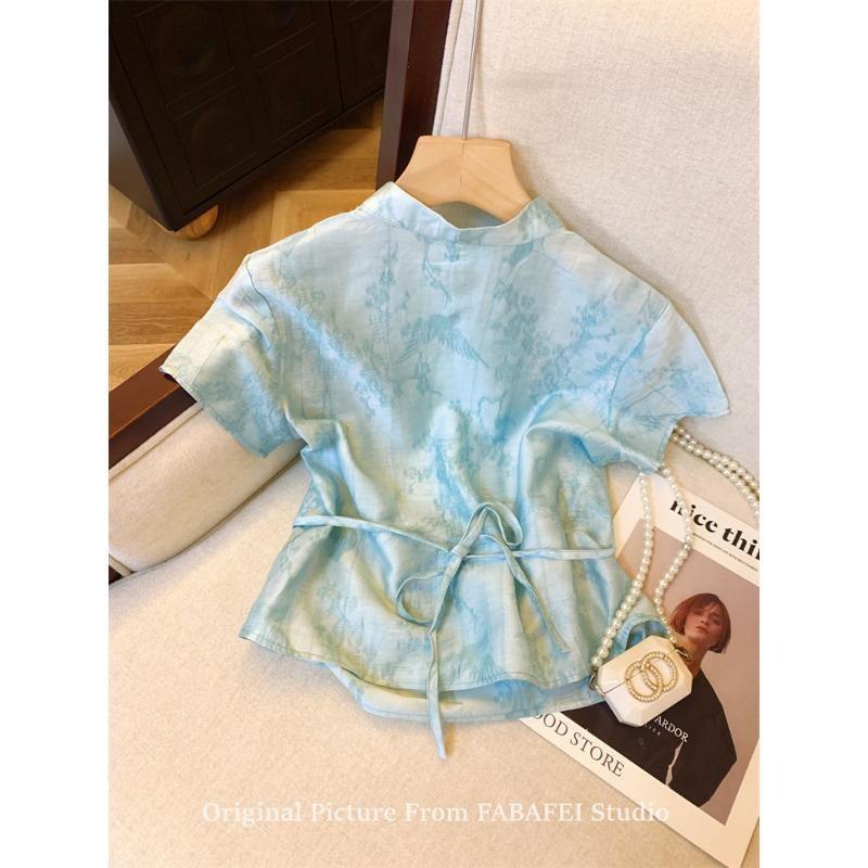 Blue Jacquard Button Short-sleeved Shirt Women's Summer New Daily Wear Cheongsam Collar Small Top