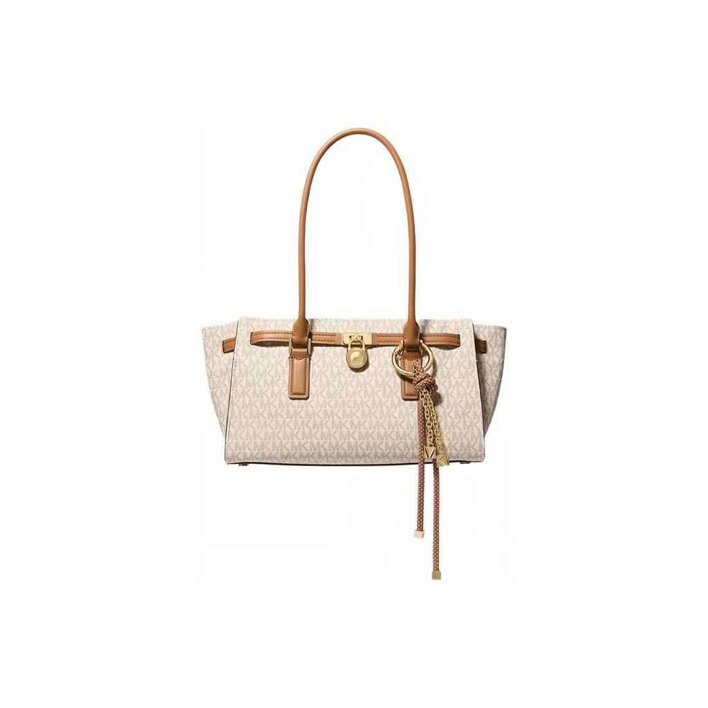Michael Kors M K Hamilton Logo Coated Canvas Gold Lock Decoration Shoulder Bag Small Women Shoulder Bag Vanilla-White Acorn-Brown 30F5GNXT0B-1546