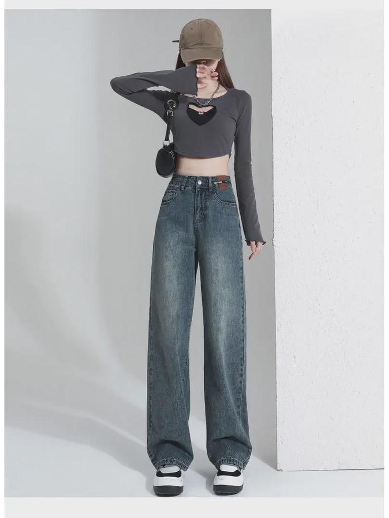 Damskie luźne dżinsy skórzane z wysokim stanem, podszewka pluszowa, ciepłe nogawki proste, mały rozmiar, grube spodnie z szerokimi nogawkami