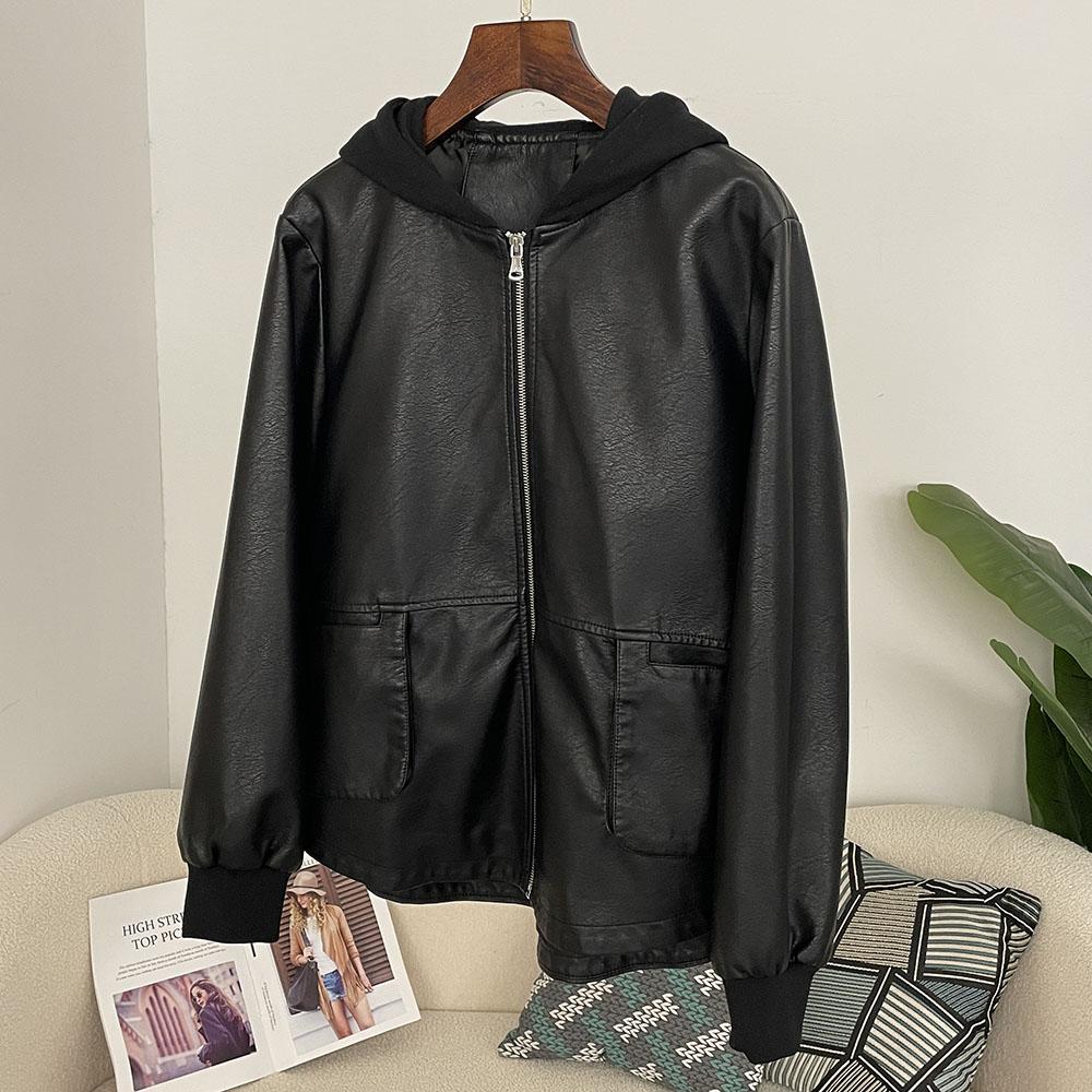 OFTBUY Femmes À Capuche Vintage Ample PU Faux Cuir Chapeau Veste Courte Décontractée Veste de Moto Féminine Zippée Rétro Moto Biker Manteau Vêtements d'Extérieur Hauts