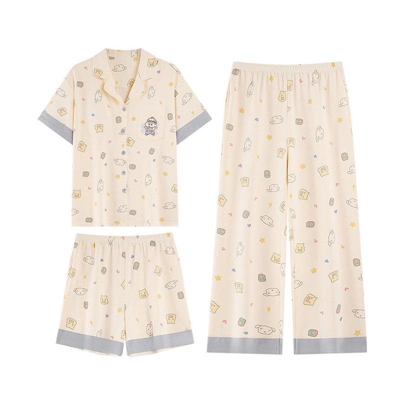Summer Soft Cute Cartoon Girl Pajamas Imitation Cotton Cardigan Short-sleeved Three-piece Set Sweet Cute Crayon Small New Loungewear
