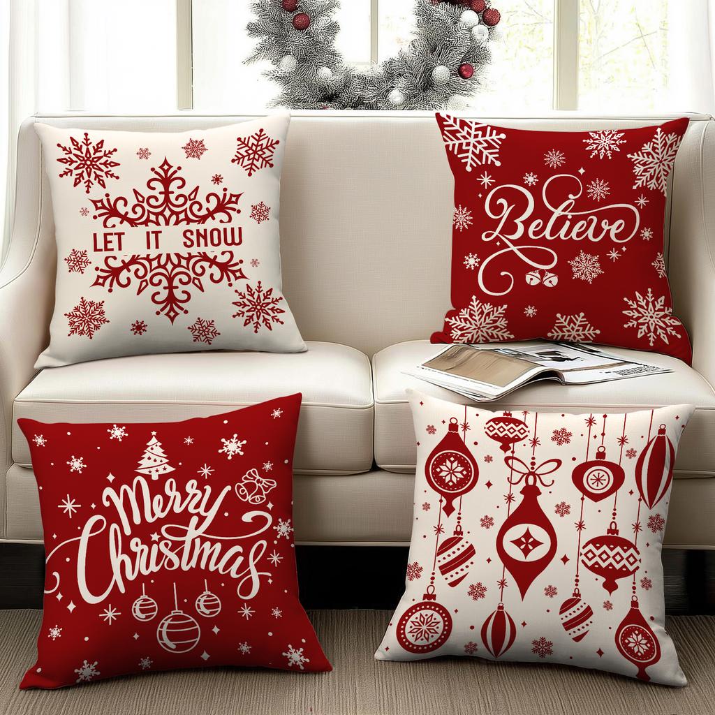 1/4 Pcs Red Christmas Pillowcase Snowflake Christmas Ball Pendant Pattern Cushion Cover Winter Holiday Home Decoration