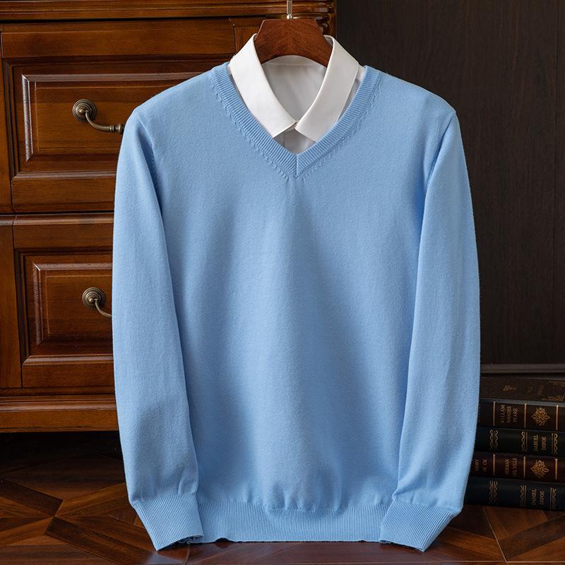 Suéter de Punto para Hombre con Cuello en V - Casual, de Negocios, Corte Holgado, Color Sólido, Manga Larga