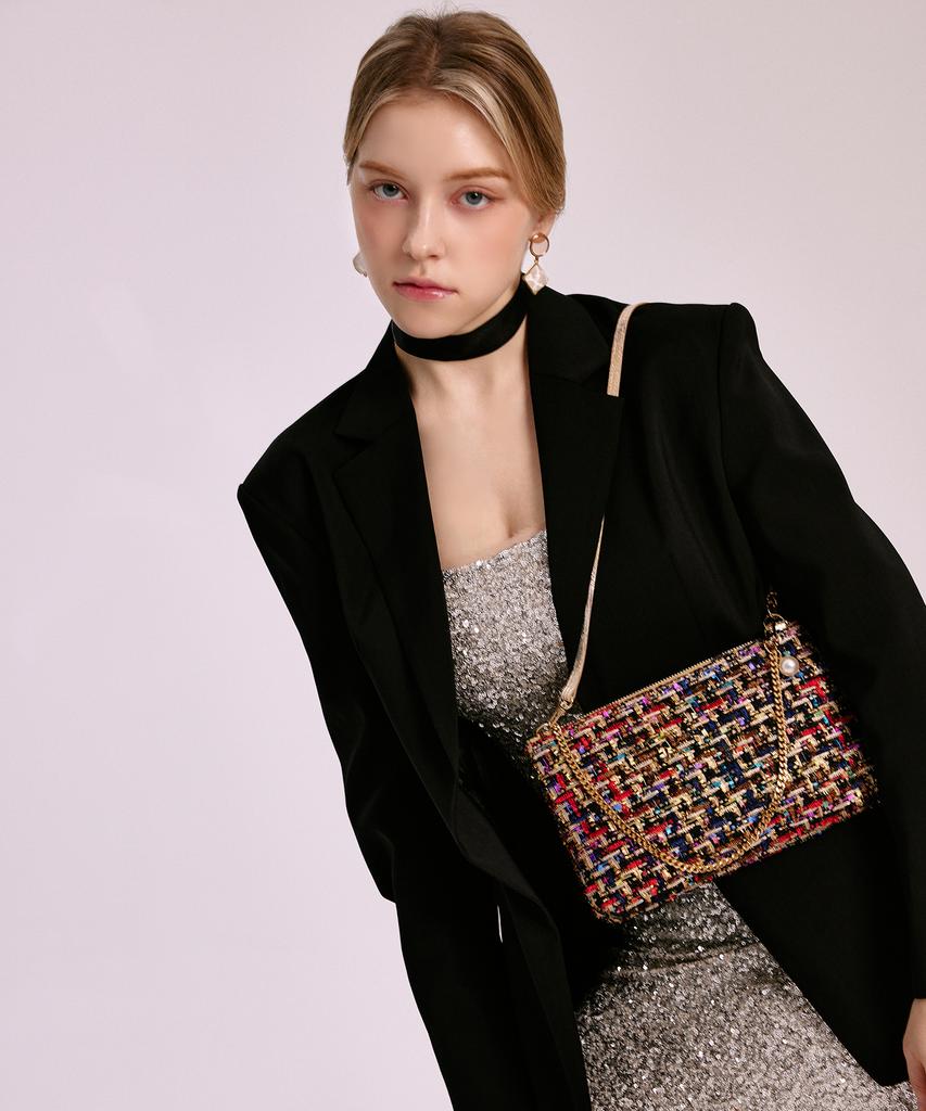 Jina In Ny 4-Way Top Zip Clutch Tweed Combo [Black Tweed]