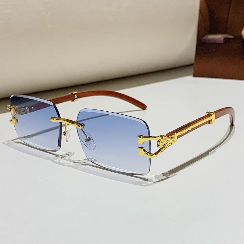 2026 Frameless Faux Wood Grain Leopard Head Men's Square Sunglasses with Leopard Temple.