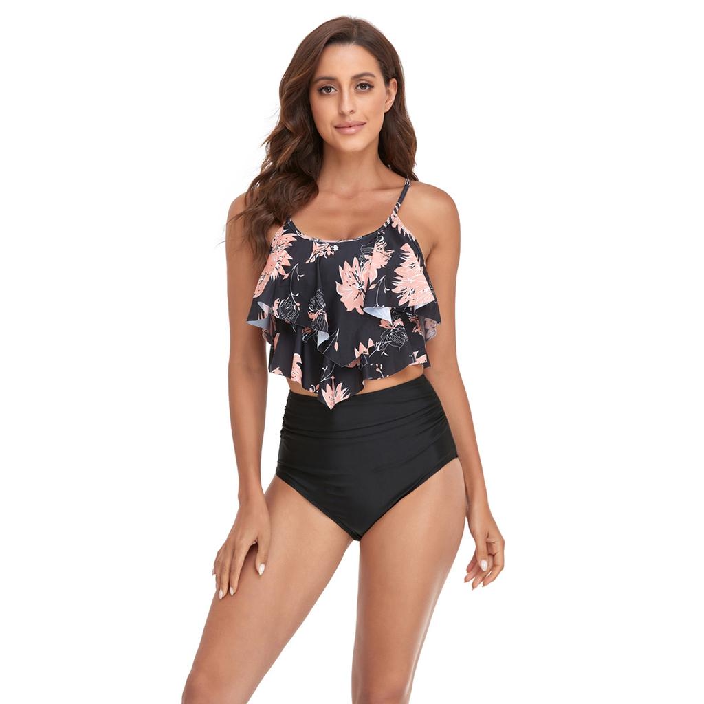 Women's Swimwear Double Layer Ruffle High Waist Split Swimsuit Bikini Swimwear