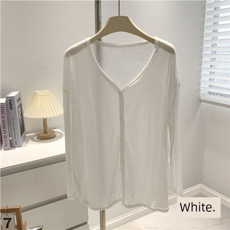 

Gusty Summer Loose and See-through Sun Protection Knitting Long-Sleeved Shirt Women s V-neck Slimming Pure Color Elegant Tup Cardigan Blouse White