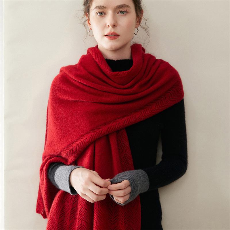 Women's 100% Pure Cashmere Scarf - Simple, Versatile, Warm, Plain, Hollow Pattern for Autumn/Winter Neck Protection
