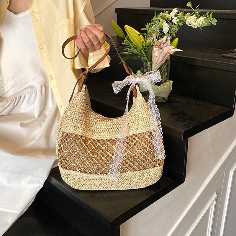 Yogodlns Women Hollow Shoulder Bag Large Capacity Straw Weaving Travel Handbag Adjustable Strap Shopper Tote Bag