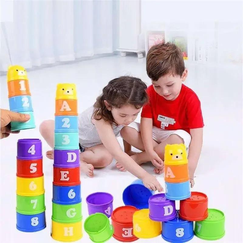 9Pcs Stacking Cups Game Kids Fun Number Letters Stacking Cup Montessori Sensory Puzzle Stack Speed Games Toys For Children Gifts