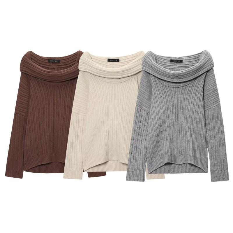 Womens Relaxed Fit Off-Shoulder Knit Sweater Long Sleeve Casual Pullover In Solid Colors Streetwear 2025