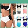 Set Women Bikini Contrast Block Halter Top High Waist Bottom Swimwear Beach