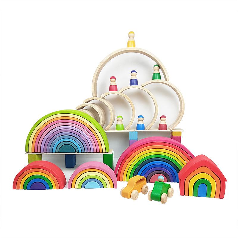 DIY Children's Wooden Toy Creative Stacked Rainbow Building Blocks Large Size Montessori Educational Toys for Children Kids