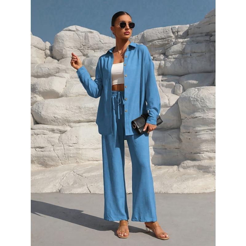 Women's Fashion Solid Color Collar Button Long Sleeve Top Elastic Waist Straight Pants Casual Set