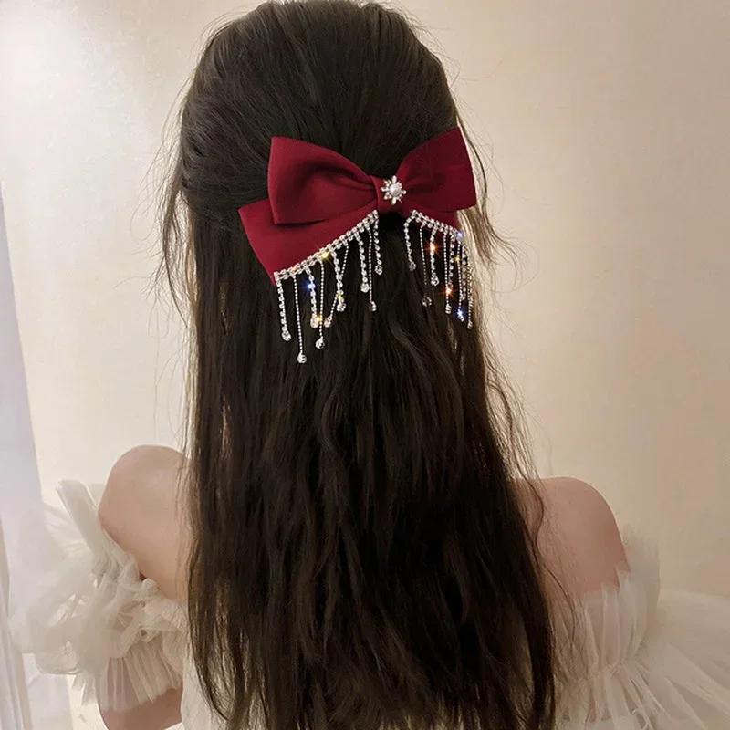 Newest Fashion Korean Style Bow Rhinestone Tassel Satin Hair Clip Wedding Party Personalized Styling Accessories Creative Gifts