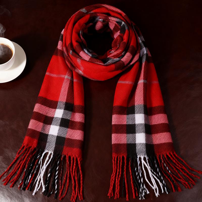 1/2 Piece Plaid Red Scarf Autumn and Winter Style Men's Couple's Warm Shawl Fashionable British Plaid Faux Cashmere Scarf