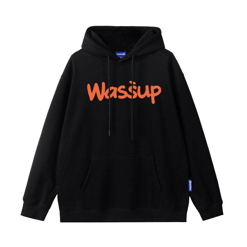 Wassup Trendy Brand Letter Sweatshirt for Men, Hooded, Loose, Casual, High Street Top, Jacket, Autumn and Winter, Fleece-Lined, Couple Style