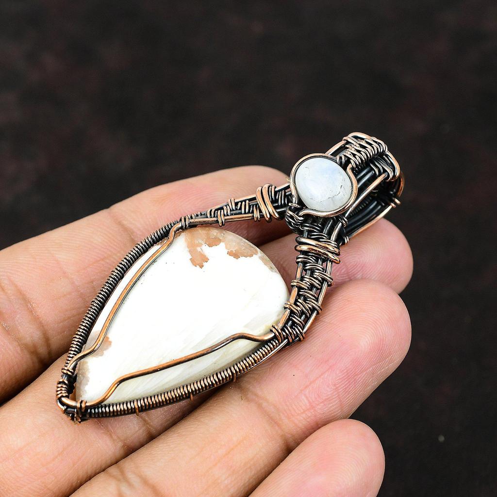 Scolecite Copper Wire Pendant Copper Wire Wrapped Jewelry Scolecite Copper Jewelry Rainbow Moonstone Gemstone Pendant Handmade Pendant Gift