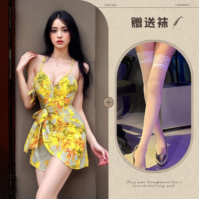 Internet Celebrity Douyin Yellow Robe Sexy Suspender Kimono Passion Free Fat MM Hot Suit