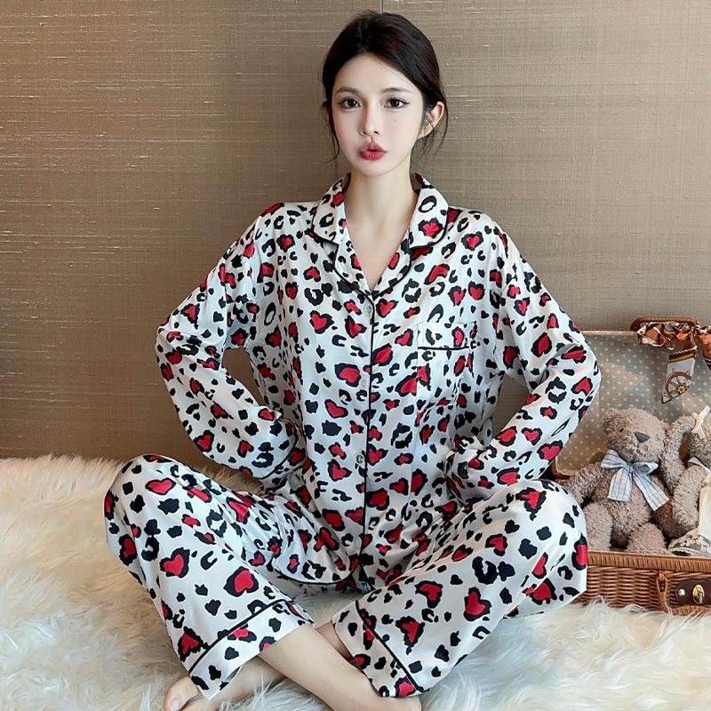 Harajuku Style Love Leopard Print Women's Pajamas Spring Sweet Cute Casual Pajamas Set for Women Korean Sleepwear