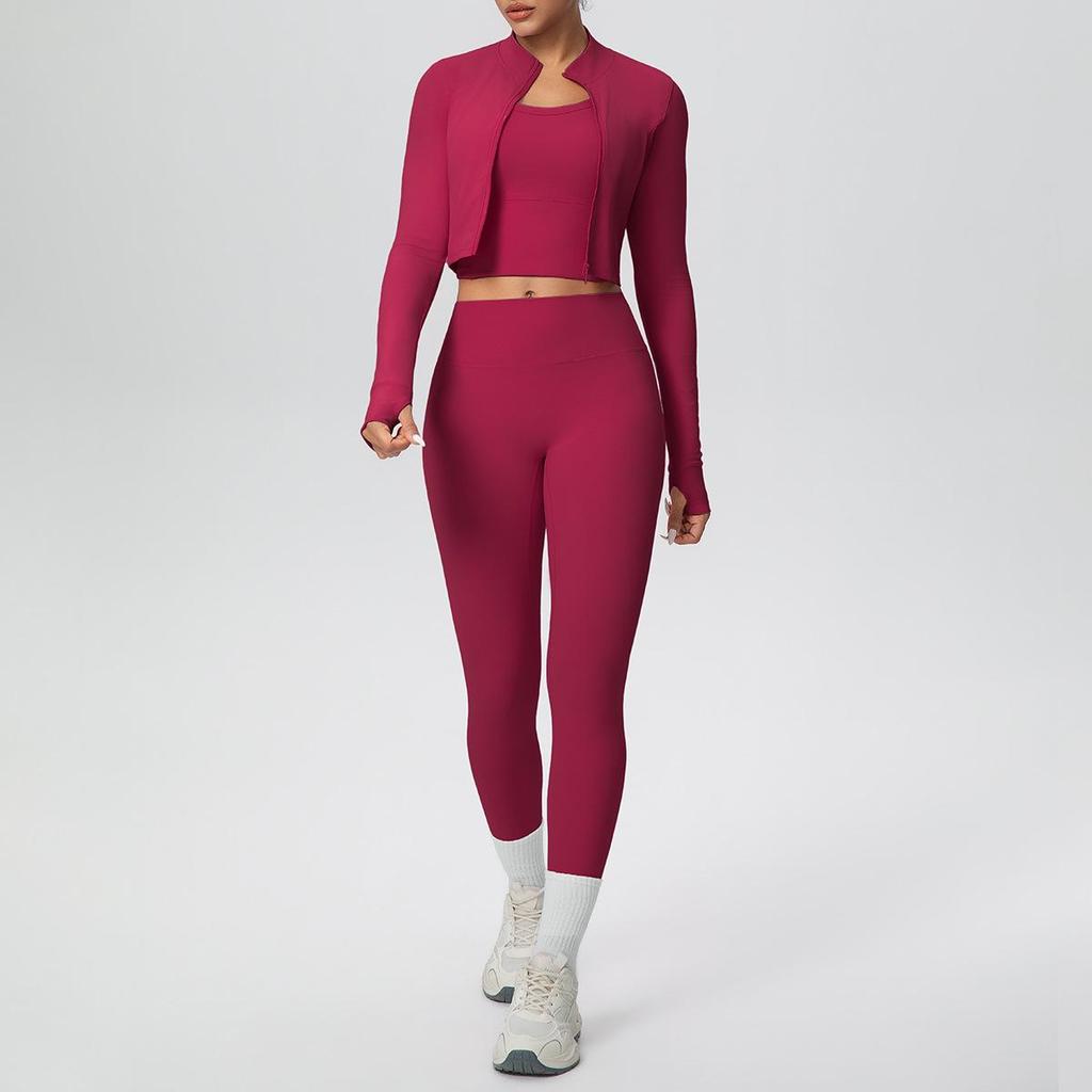 Three-Piece Yoga Set: Cross-Back Sports Tank, Zipper Jacket, High-Waisted Butt Lifting Leggings