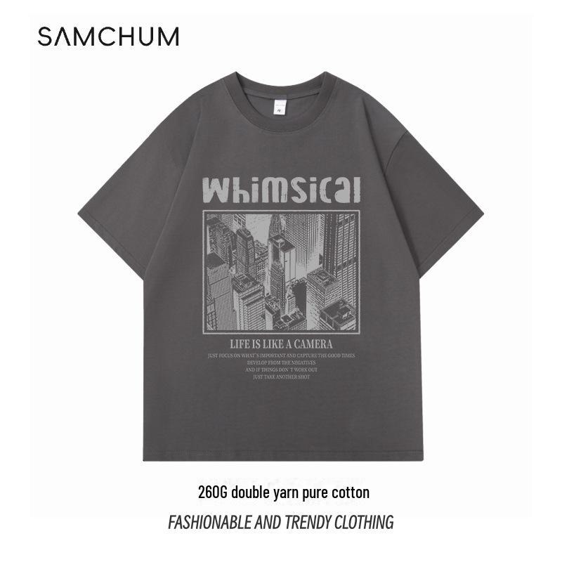 

Мужская футболка из двухниточной пряжи из чистого хлопка плотностью 260 г — оригинальный дизайн, повседневный свободный крой, круглый вырез, короткий рукав, американский уличный стиль