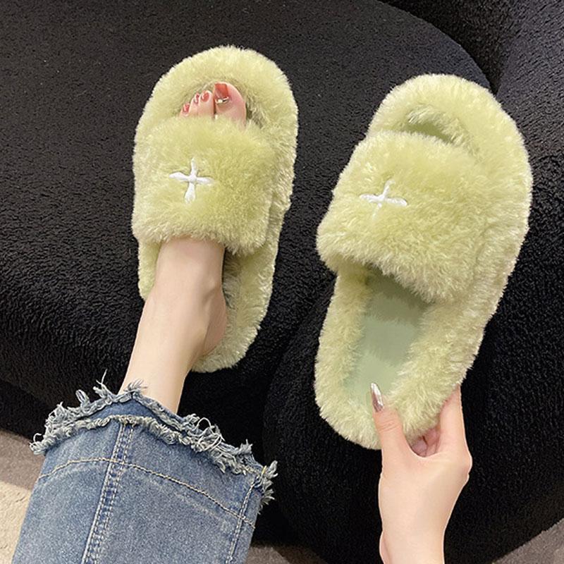 Fashion Fluffy Slippers Women Cute House Slippers Fluffy Slides Warm Slippers Healing Wool Slippers at Home Daily Thick-soled Plush Shoe