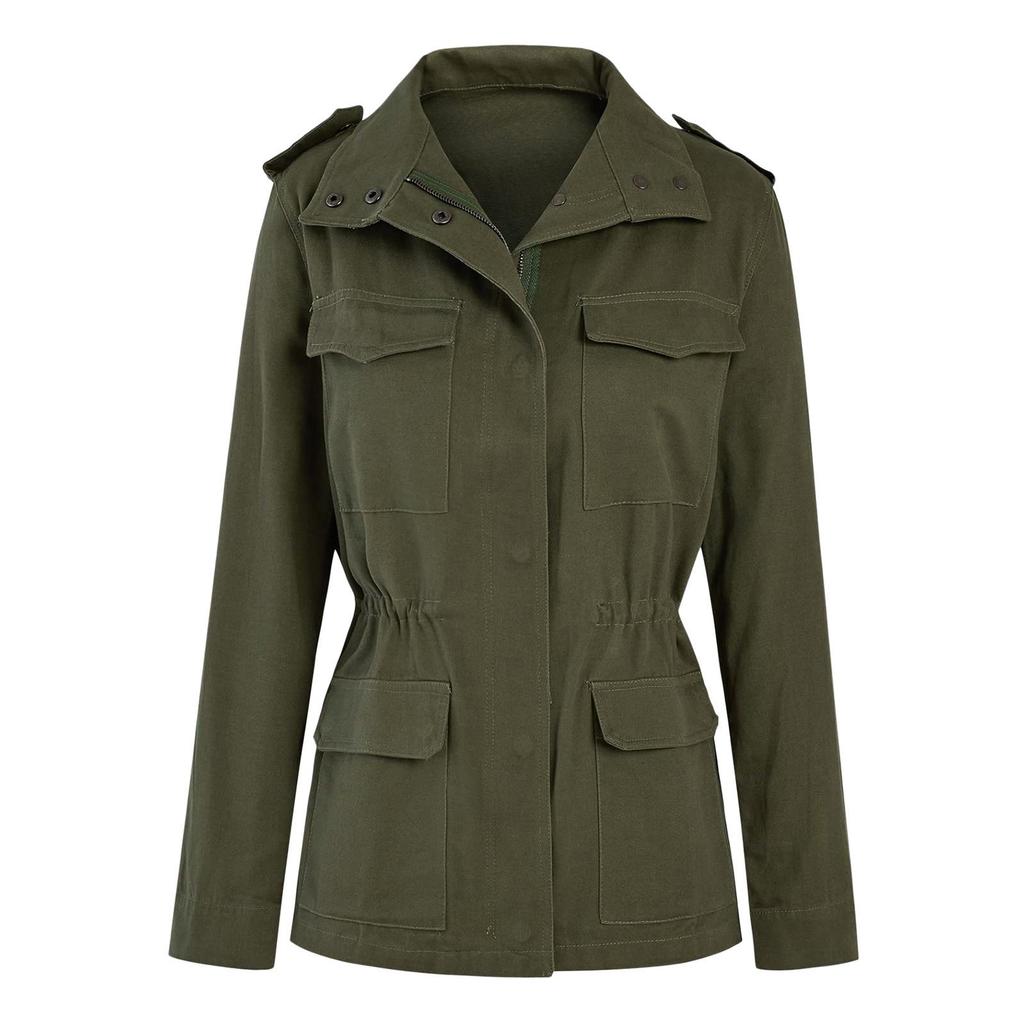 Autumn Women Waist Tunic Coats Retro Multi-Pocketed Jacket Turn-Down Collar Button Solid Color Outwear Coats
