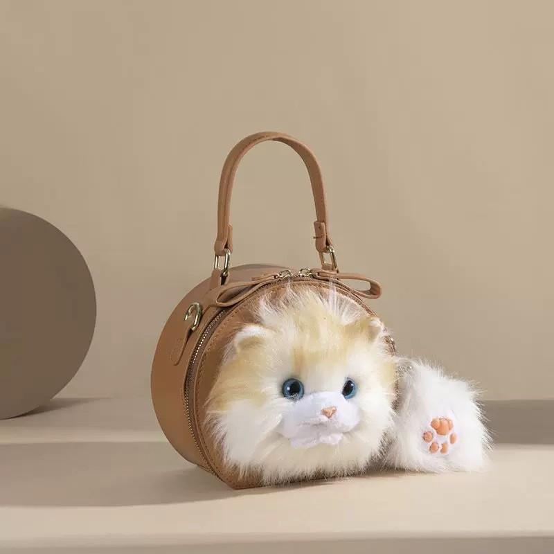 Cat Ragdoll Plush Single Shoulder Crossbody Bag Round Handbag Women Fashion
