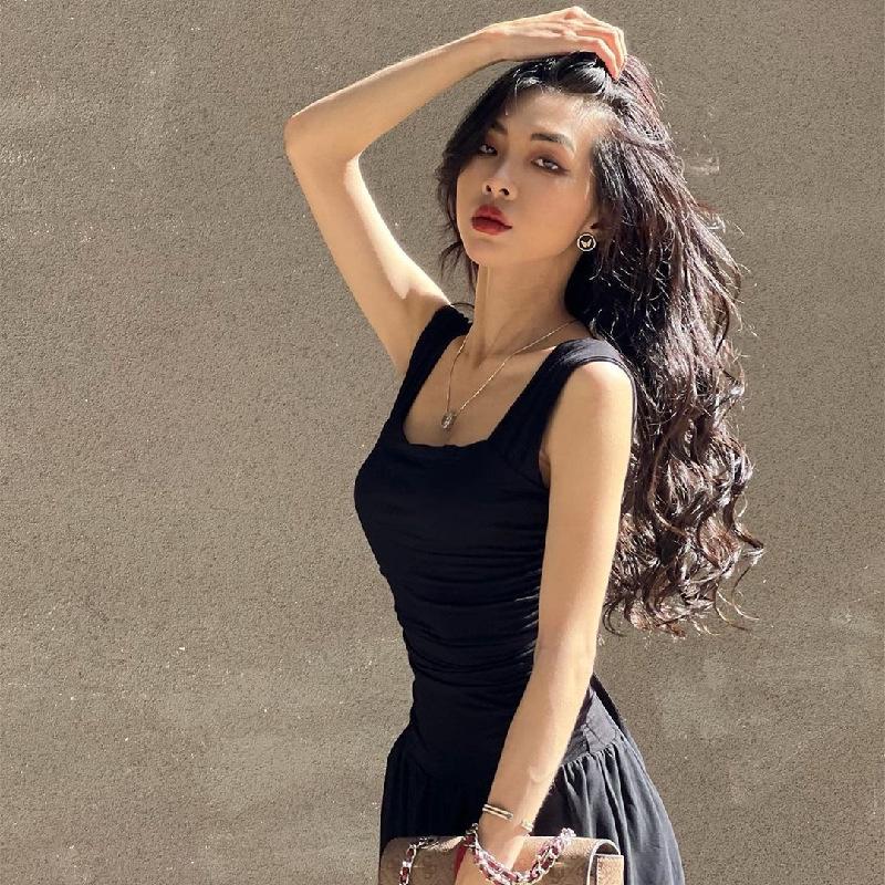 Rochie de vară 2023 în stil european-american, plisată, cu decolteu pătrat, din plasă, cu bretele spaghetti