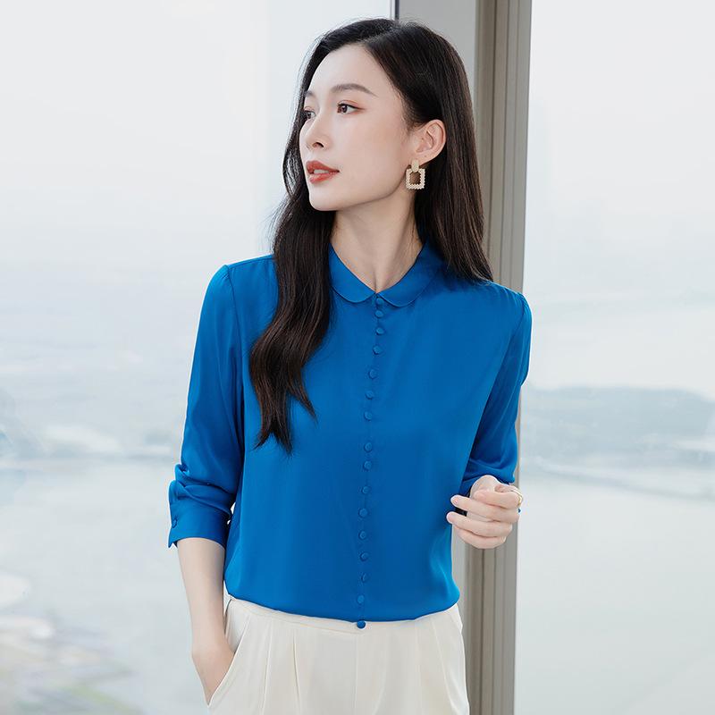 

Женская рубашка с длинным рукавом из тутового шелка - Однотонная, Новая мода Весна/Осень 2025, Элегантный дизайн (A3630) XXXL королевский синий