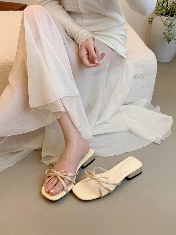 

French bow low-heeled slippers women s summer wear new with skirt sandals fairy style pink beautiful sandals 40