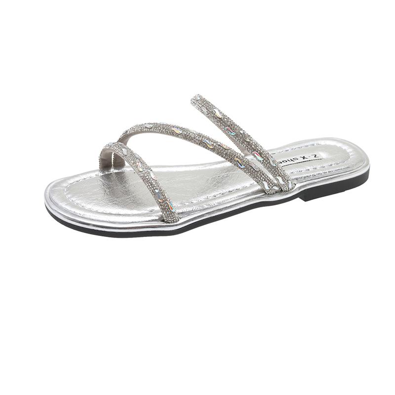 2024 Summer Crystal Narrow Strap Gladiator Sandals Women's Low Heel Sandals Mujer35-40 Glitter Rhinestone Summer Schoenen Women