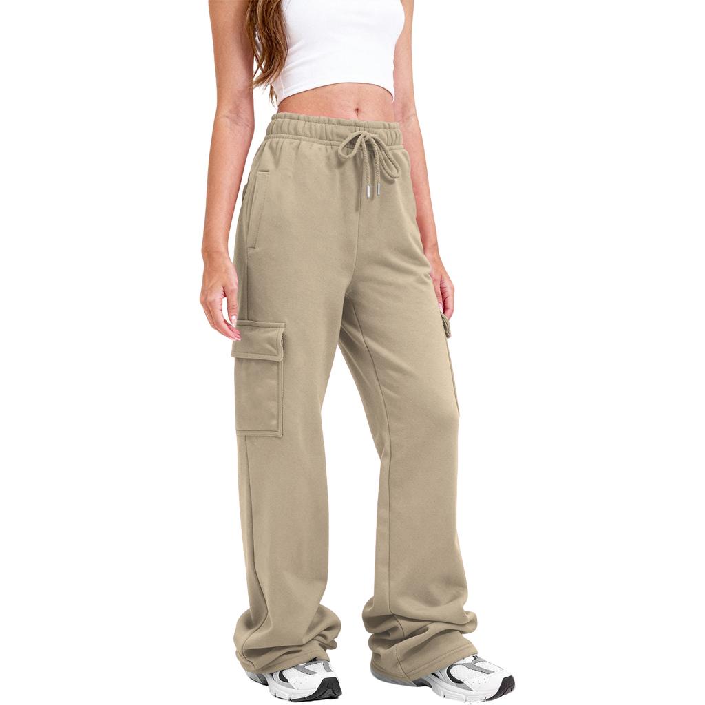 Women Cargo Sweatpants Stacked Pants Warm Fleece Drawstring Waist Casual Joggers Trousers