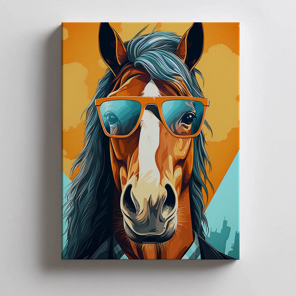 Stylish Horse With Glasses Stylish Horse With Glasses, 50X70 Cm, Dark Brown Wooden Frame, 230 Gsm Matte Paper