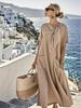2025 Summer Elegant Plus Size Loose Long Dress with Bow Pockets and Short Sleeves
