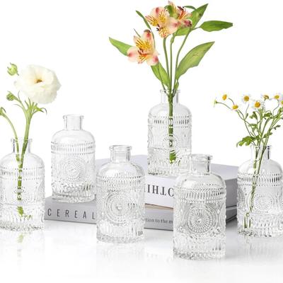 6pcs Coloful Vintage Vase Glass Relief Vase Hydroponic Flower Glass Vase Home Table Flower Decor Wedding Party Decorations