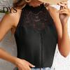 Sexy Back Button Vest Women Halter Neck Solid Color Lace Decoration Blouse Tops Hollow Stitching Casual Button-up Cami