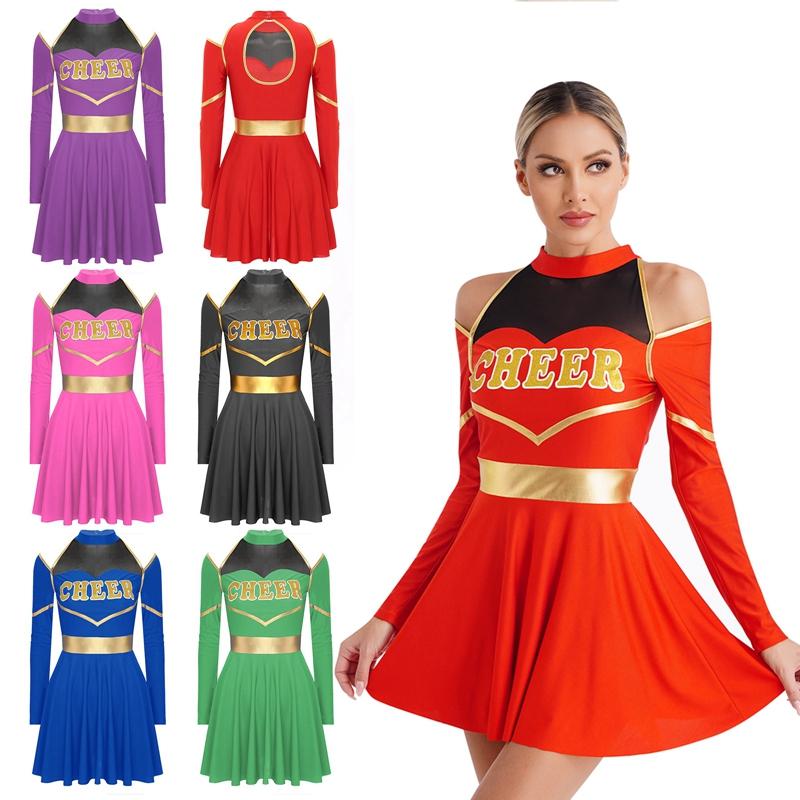 Women Long Sleeve Cold Shoulders Letter Print Dress Cheerleading Costume Uniform Outfit